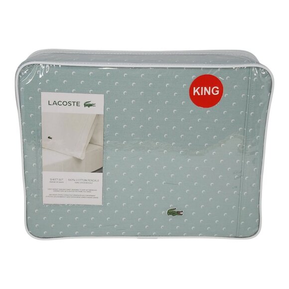 Lacoste King Cotton Percale Sheet Set Moon Print Aqua Green Light Weight - Picture 1 of 11